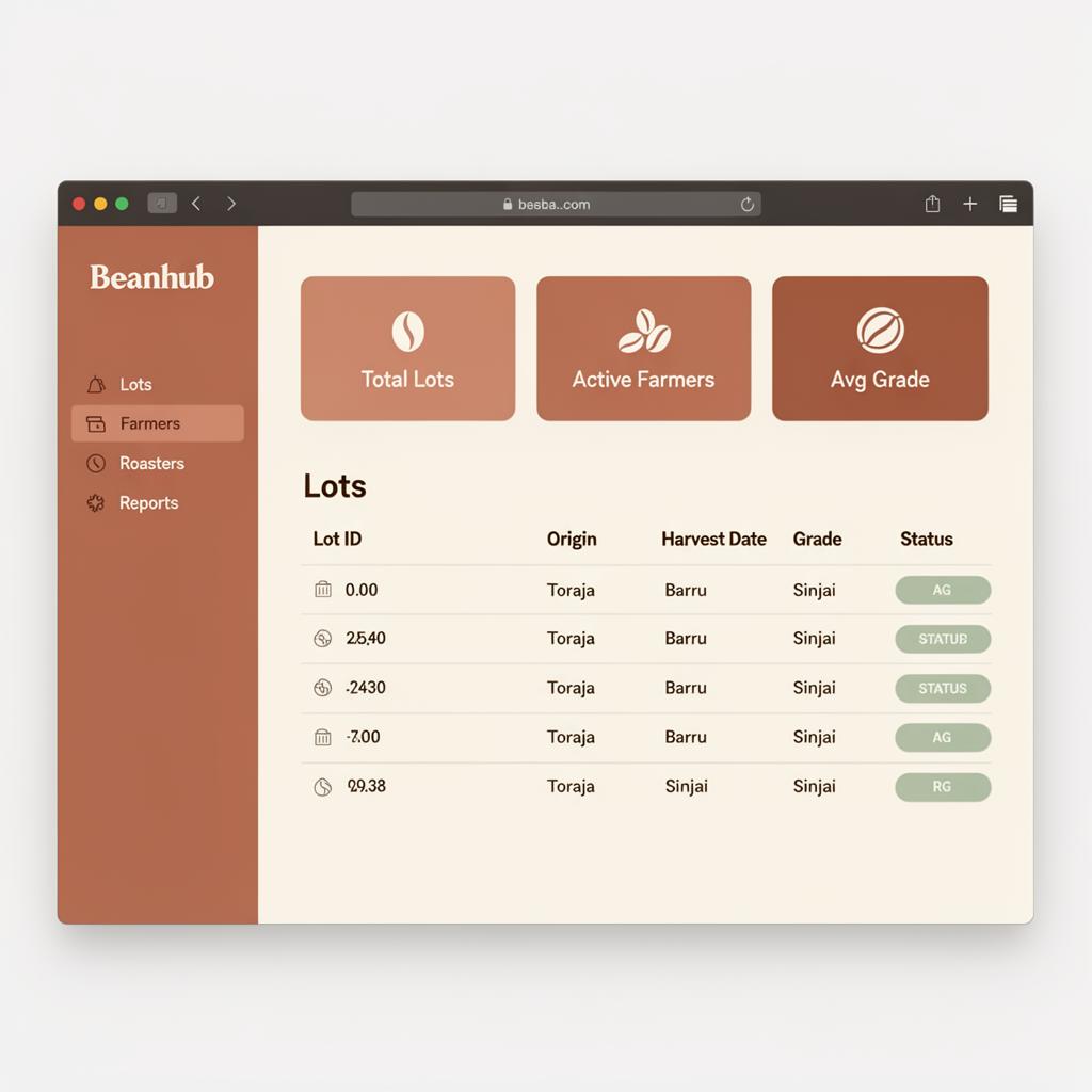 Dashboard Beanhub menampilkan data lot kopi dan statistik