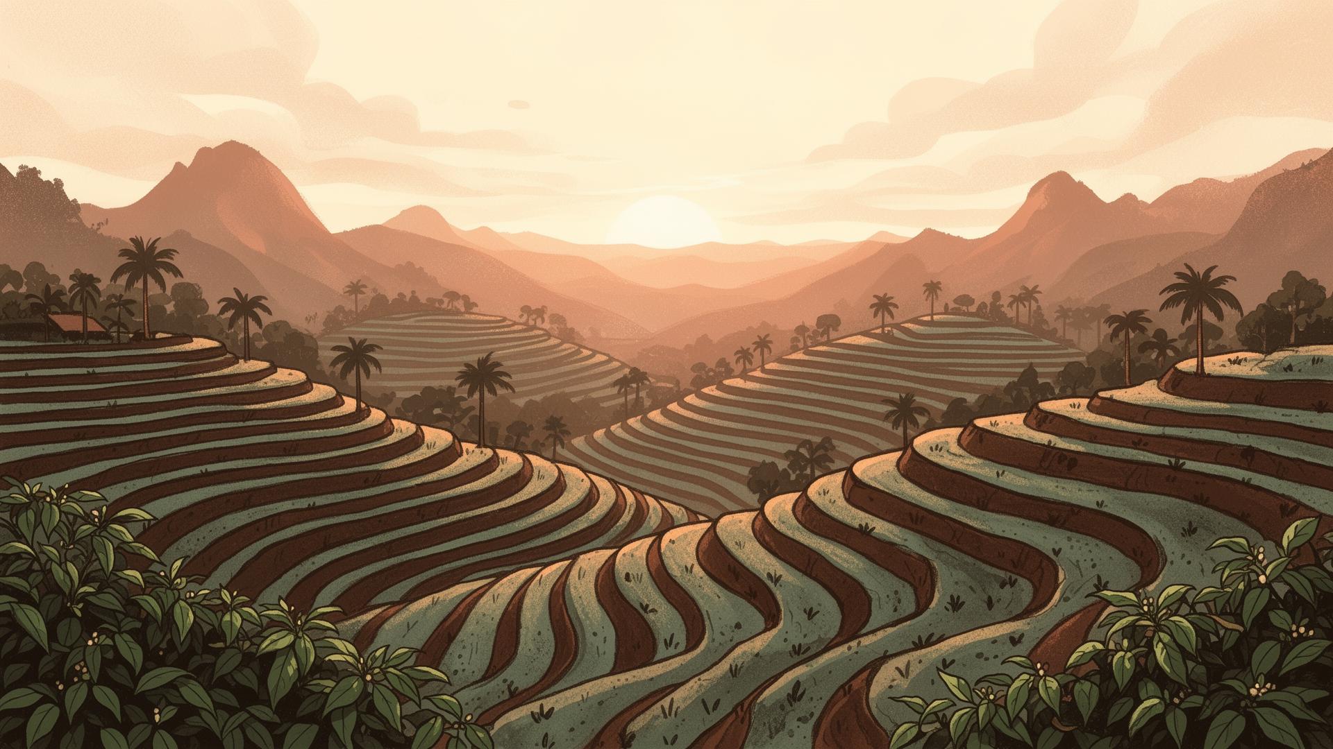 Lanskap perkebunan kopi terasering Sulawesi saat matahari terbit