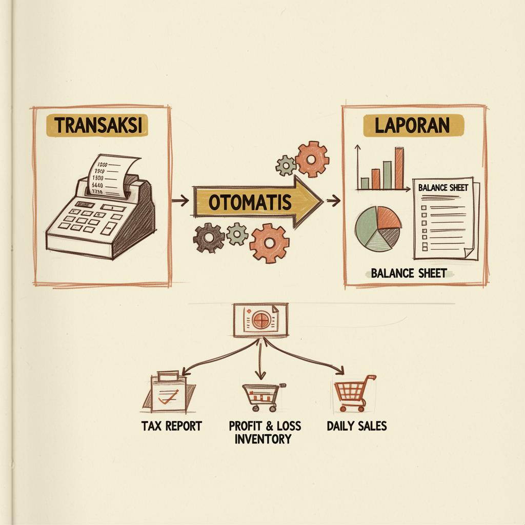 Diagram alur dari transaksi kasir menjadi laporan keuangan otomatis