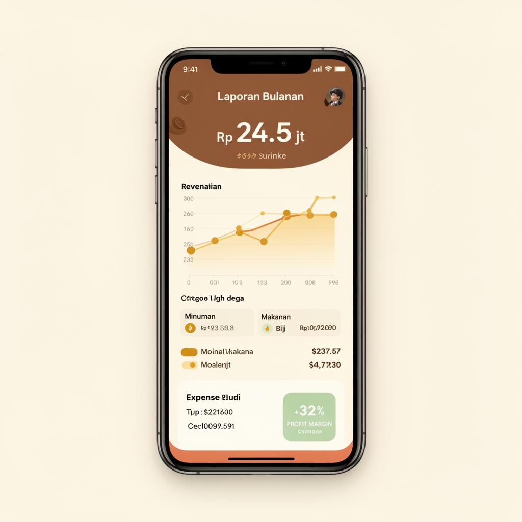 Mockup laporan bulanan keuangan UMKM kopi